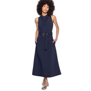 NWT NOMIA Designer Sz 12 Belted Cowl Neck Midi Dress In Midnight